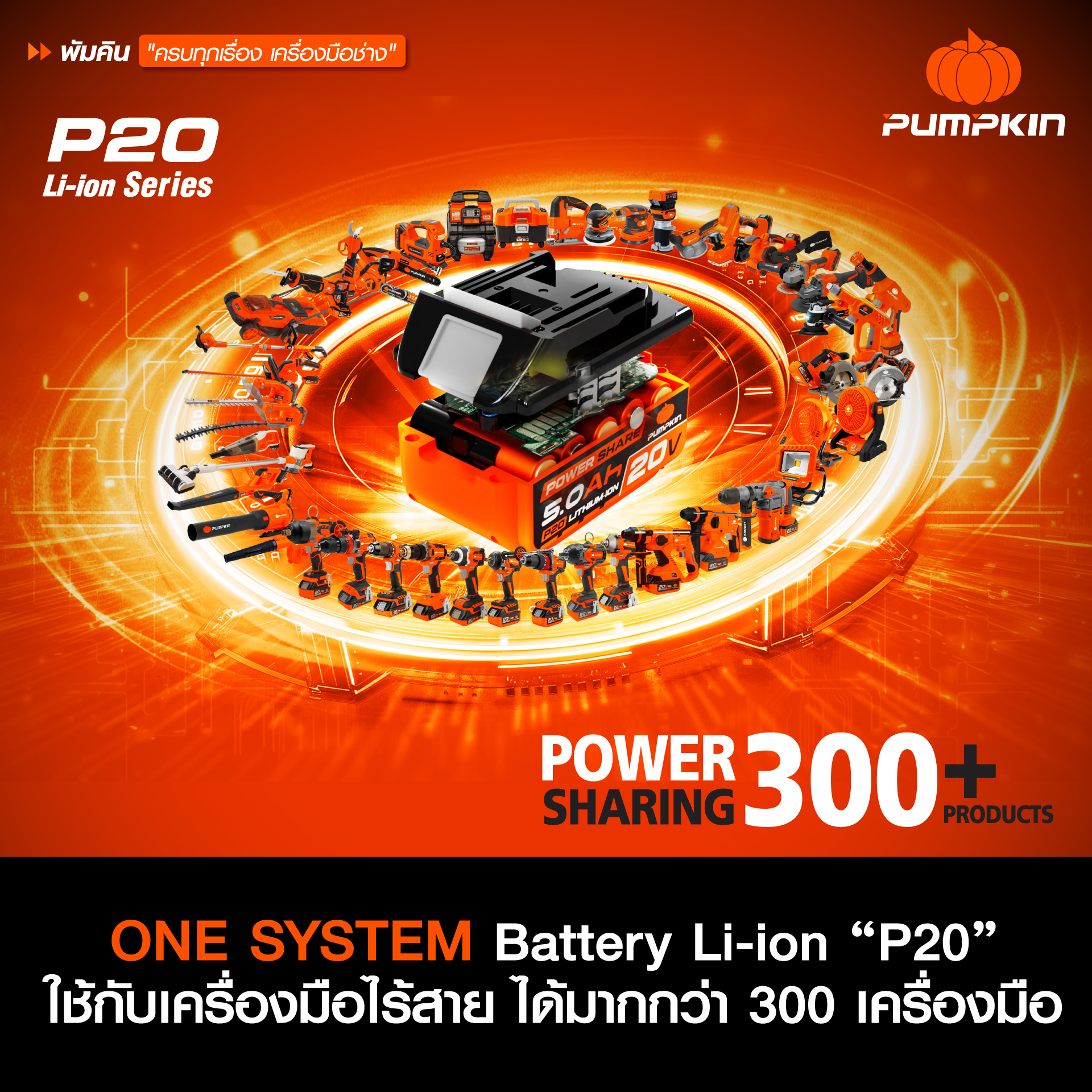 แบตเตอรี่ลิเธียมไอออน จาก PUMPKIN ใช้ร่วมกับเครื่องมือได้มากกว่า 300 รายการ